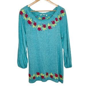 Soft Surroundings Floral Embroidered Knit Top Teal Womens size M Boho Tropical